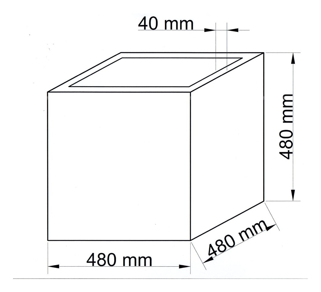 Maßzeichnung des quadratischen Pflanzkübels aus Fiberglas mit je 480 mm Breite, Tiefe und Höhe