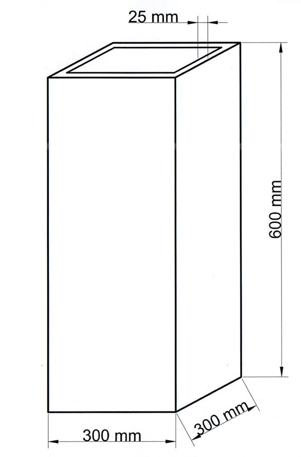 Maßzeichnung der quadratischen Pflanzsäule aus Fiberglas mit 300 mm Breite, 300 mm Tiefe und 600 mm Höhe