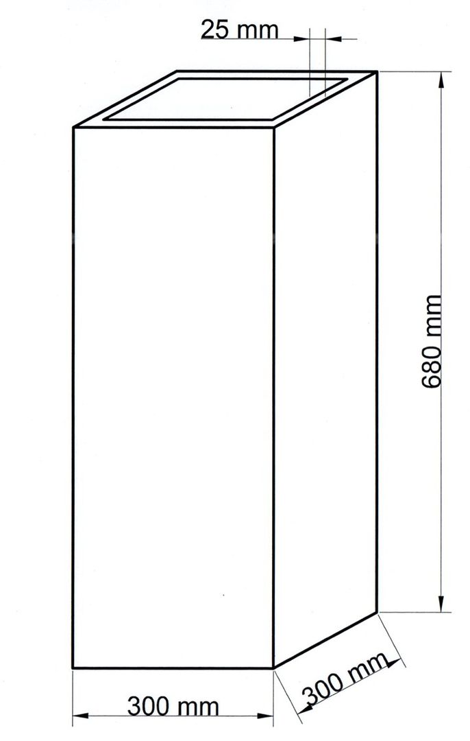 Maßzeichnung einer quadratischen Pflanzsäule aus Fiberglas mit 300 mm Breite, 300 mm Tiefe und 680 mm Höhe