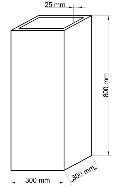Maßzeichnung des Pflanzkübels als Säule mit 300 x 300 mm Grundfläche, 800 mm Höhe und 25 mm Randbreite
