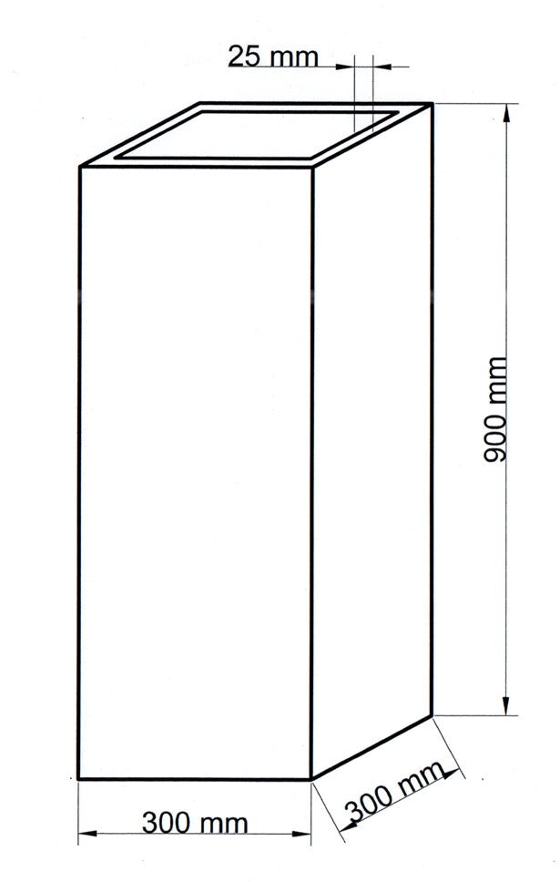 Maßzeichnung der quadratischen Pflanzsäule aus Fiberglas mit 300 mm Breite, 300 mm Tiefe und 900 mm Höhe