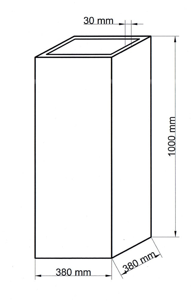 Maßzeichnung der Pflanzkübel-Säule mit 380 x 380 mm Grundfläche, 1000 mm Höhe und 30 mm breitem Rand