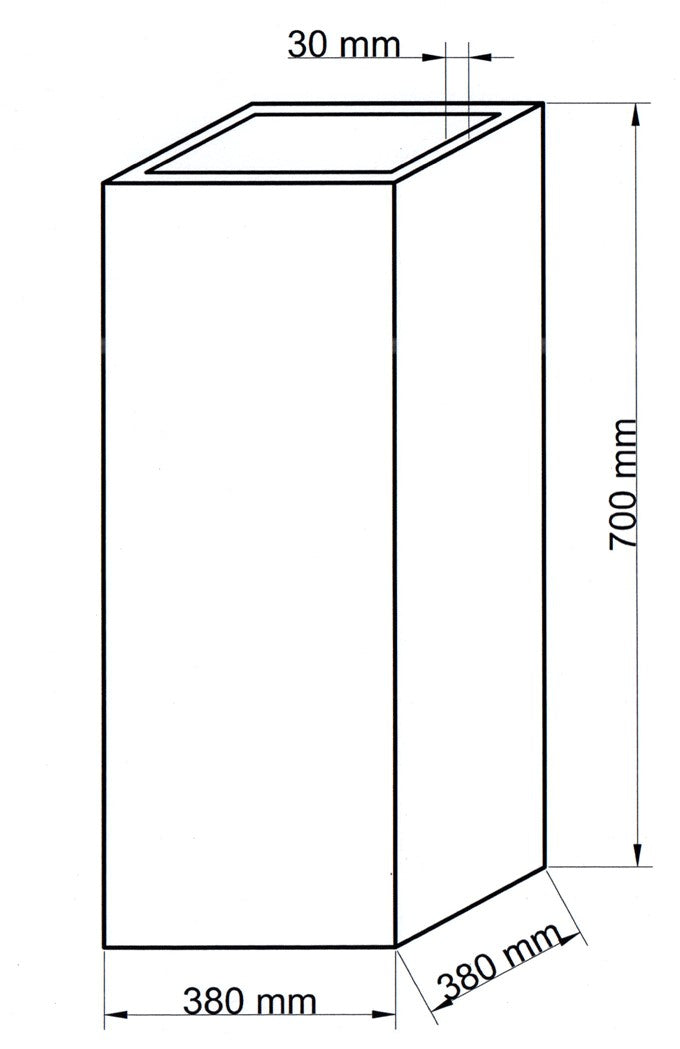 Maßzeichnung einer quadratischen Pflanzsäule mit 380 x 380 mm Grundfläche, 700 mm Höhe und 30 mm Randbreite