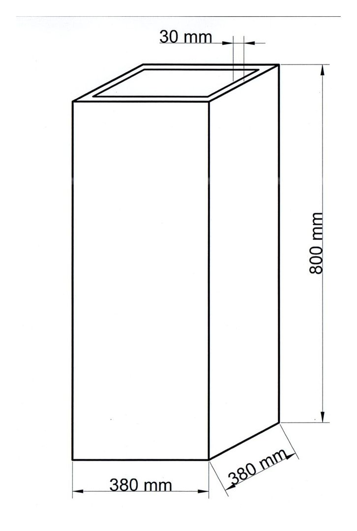 Maßzeichnung des quadratischen Säulen-Pflanzkübels mit 380 mm Breite, 380 mm Tiefe und 800 mm Höhe