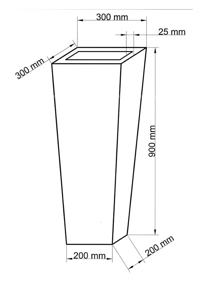 Maßzeichnung des konischen Säulen-Pflanzkübels: oben 300 x 300 mm, unten 200 x 200 mm, 900 mm hoch, Rand 25 mm
