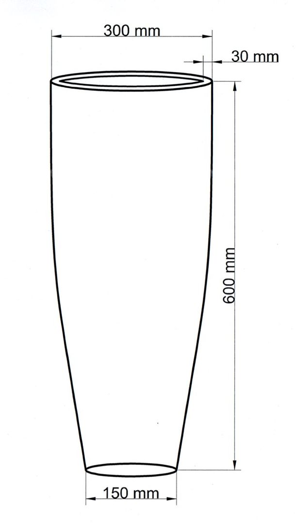 Maßzeichnung des runden konischen Pflanzkübels mit 300 mm Durchmesser oben, 150 mm unten und 600 mm Höhe