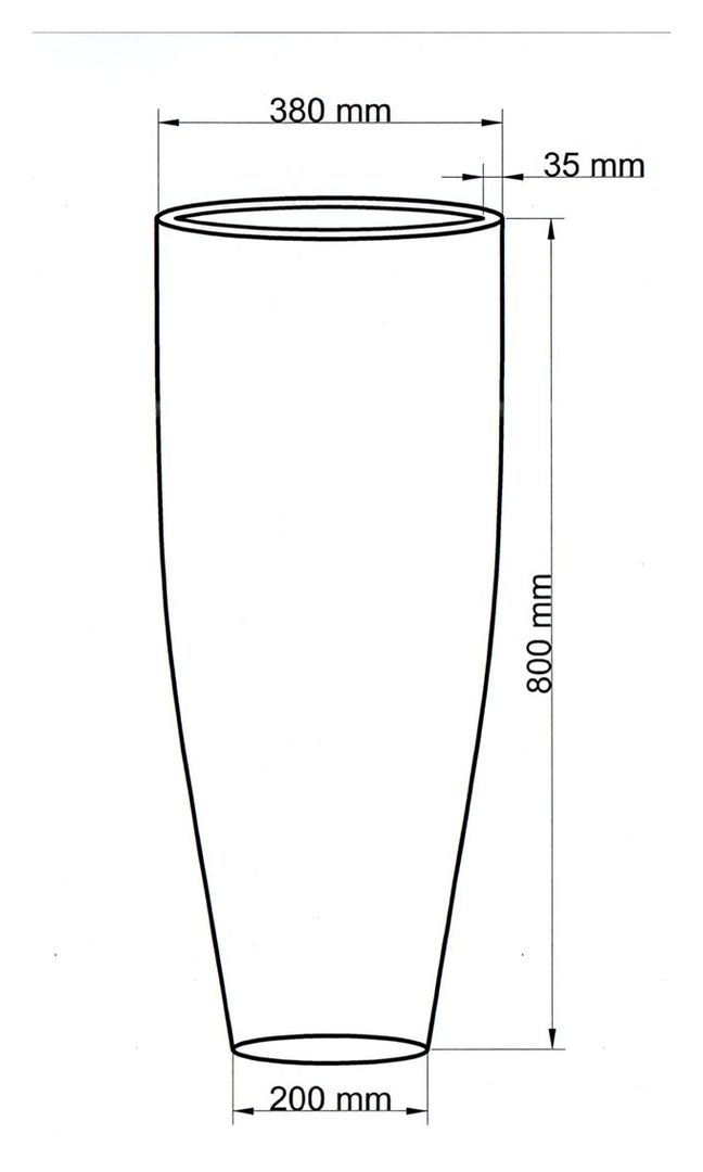 Maßzeichnung eines runden konischen Pflanzkübels mit 380 mm oben, 200 mm unten, 800 mm Höhe und 35 mm Rand
