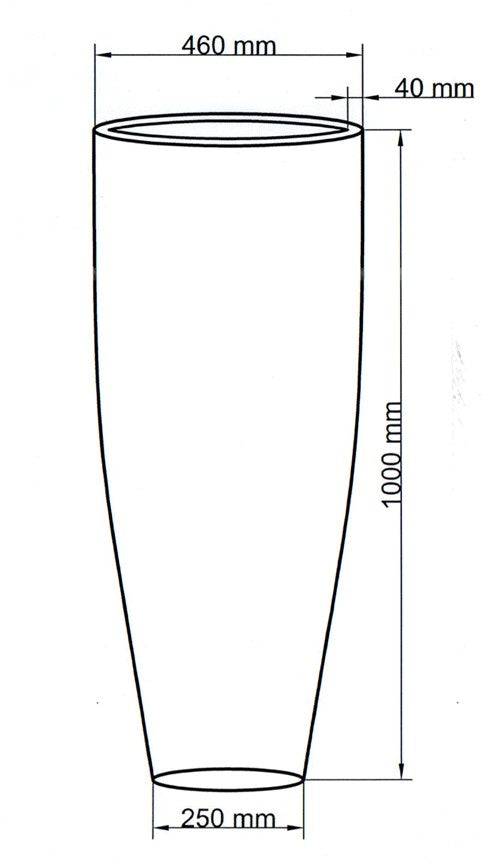 Maßzeichnung eines runden konischen Pflanzkübels mit 460 mm Durchmesser oben, 250 mm unten und 1000 mm Höhe