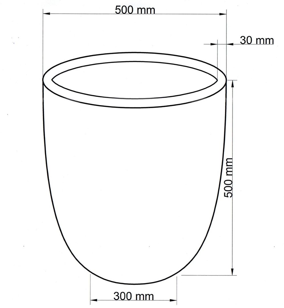 Maßzeichnung eines runden, nach unten konischen Pflanzkübels mit 500 mm Durchmesser, 500 mm Höhe und 300 mm Boden