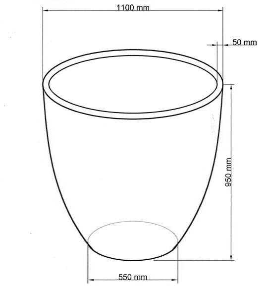 Maßzeichnung des runden konischen Pflanzkübels mit 1100 mm Durchmesser, 950 mm Höhe, 550 mm Boden und 50 mm Rand
