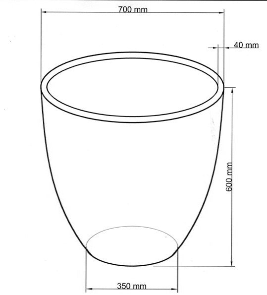 Maßzeichnung des runden konischen Pflanzkübels mit 700 mm Durchmesser, 600 mm Höhe, 350 mm Boden und 40 mm Rand