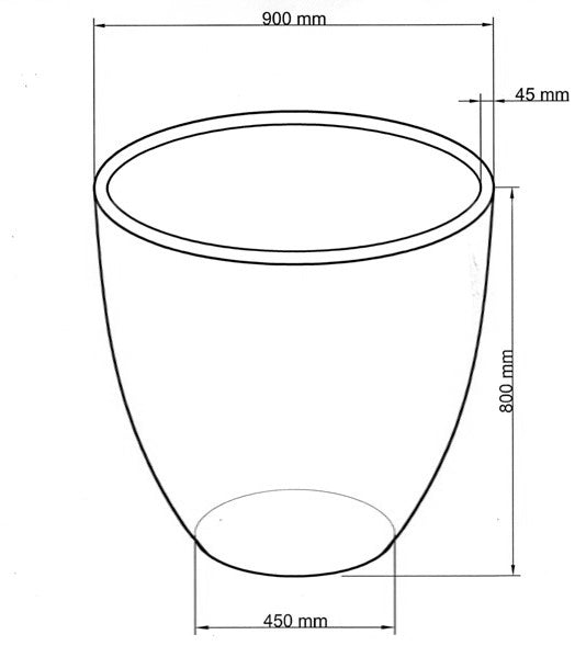 Maßzeichnung eines runden konischen Pflanzkübels mit 900 mm Durchmesser, 800 mm Höhe, 450 mm Boden und 45 mm Rand