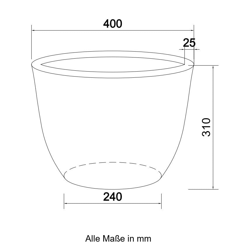 Maßzeichnung eines runden konischen Pflanzkübels mit 40 cm Durchmesser, 31 cm Höhe und 24 cm Bodendurchmesser