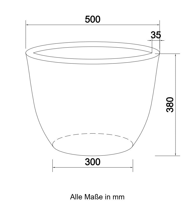 Maßzeichnung des runden konischen Pflanzkübels mit 50 cm Durchmesser oben, 30 cm Bodendurchmesser und 38 cm Höhe
