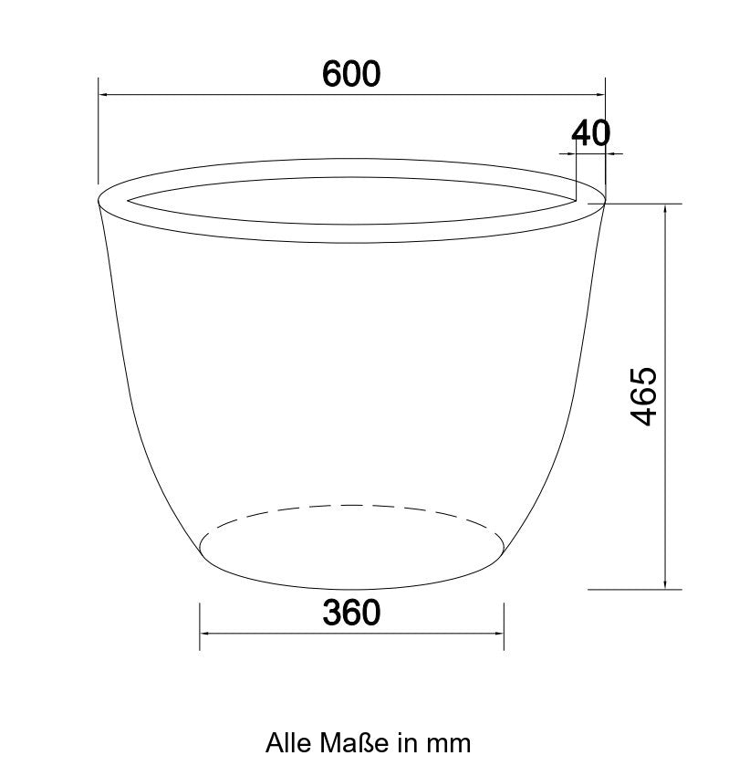 Maßzeichnung des runden konischen Pflanzkübels mit 60 cm Durchmesser, 46,5 cm Höhe und 36 cm Bodendurchmesser