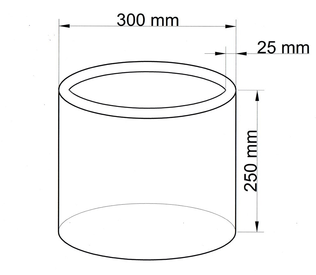Maßzeichnung des zylindrischen Pflanzkübels aus Fiberglas mit 300 mm Durchmesser und 250 mm Höhe