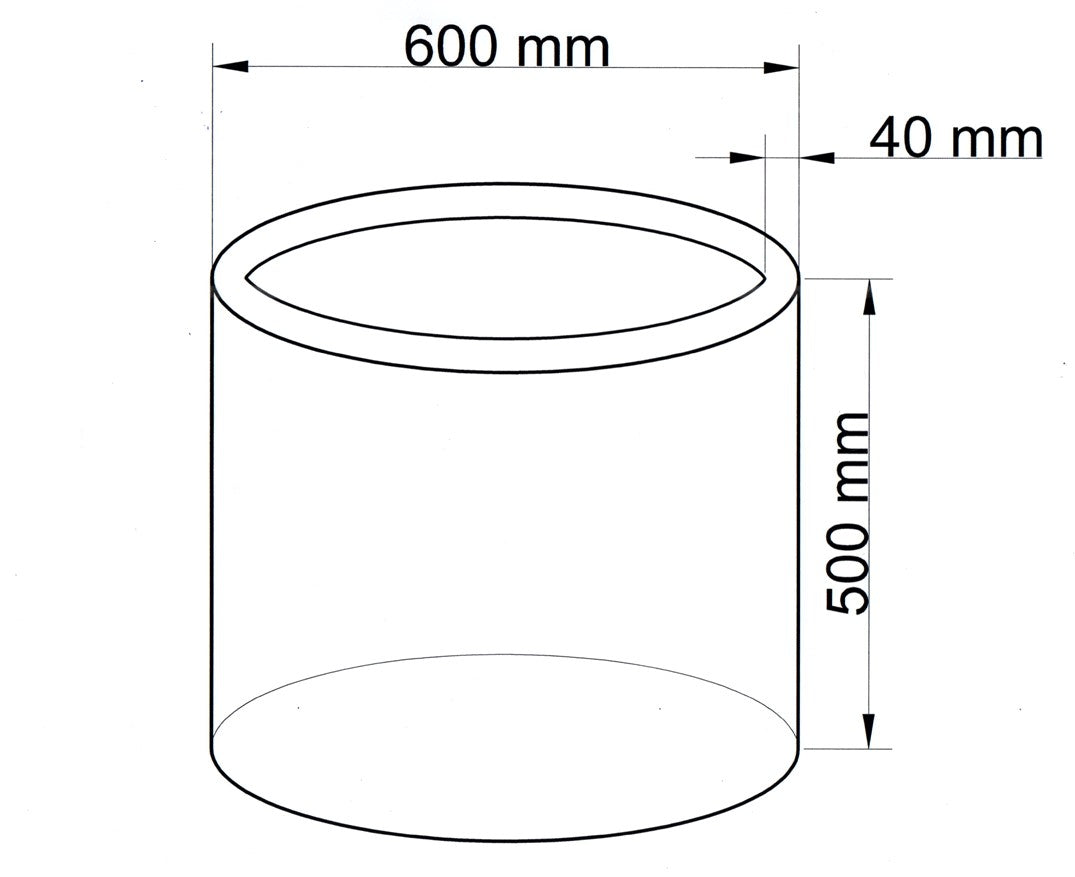 Maßzeichnung eines zylindrischen Pflanzkübels mit 600 mm Durchmesser und 500 mm Höhe als schwarze Strichzeichnung