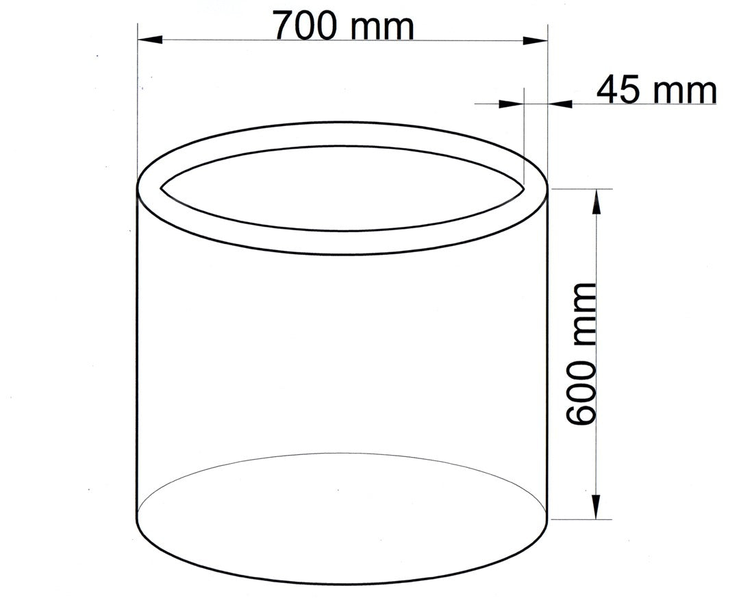 Maßzeichnung eines zylindrischen Pflanzkübels mit 700 mm Durchmesser und 600 mm Höhe