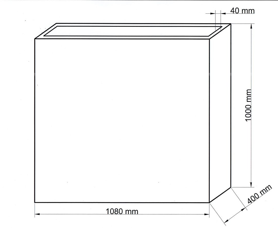 Maßzeichnung eines rechteckigen Pflanzkübels mit Breite 1080 mm, Tiefe 400 mm und Höhe 1000 mm