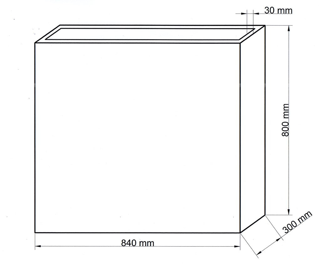 Maßzeichnung eines rechteckigen Pflanzkübels aus Fiberglas mit 840 mm Breite, 300 mm Tiefe und 800 mm Höhe