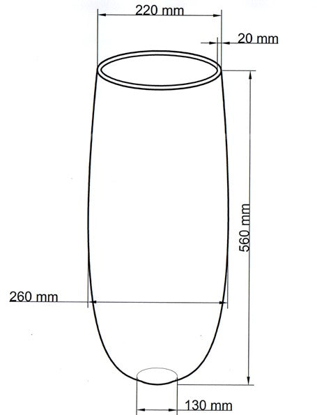 Maßzeichnung eines runden Pflanzkübels mit 56 cm Höhe, 26 cm größtem Durchmesser und 22 cm Öffnung
