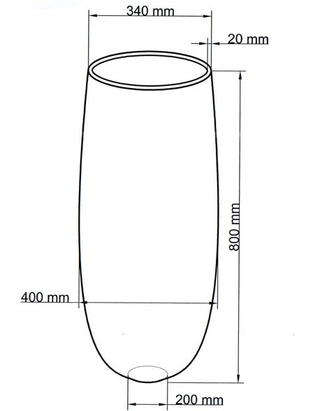 Maßzeichnung eines hohen ovalen Pflanzkübels mit 800 mm Höhe, 400 mm größtem Durchmesser und 340 mm Öffnung