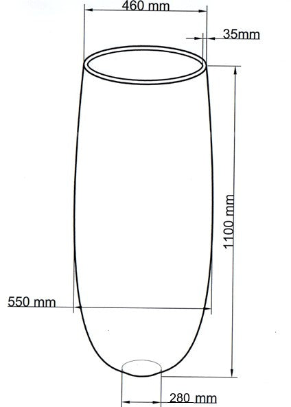 Maßzeichnung des runden Pflanzkübels mit 1100 mm Höhe, 550 mm Durchmesser, 460 mm Öffnung und 280 mm Boden