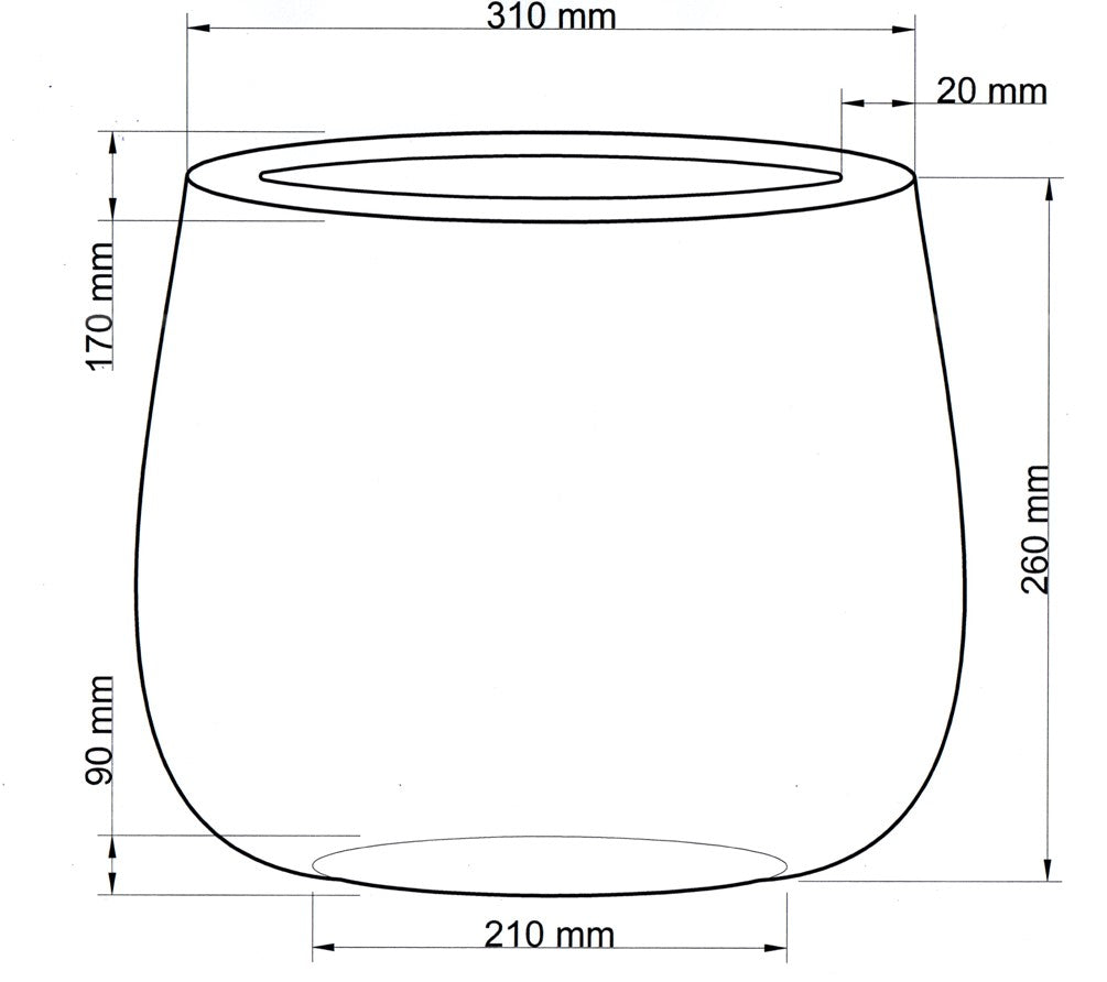 Maßzeichnung des ovalen Pflanzkübels mit 310 mm Breite, 170 mm Tiefe, 260 mm Höhe und 210 mm Bodenbreite
