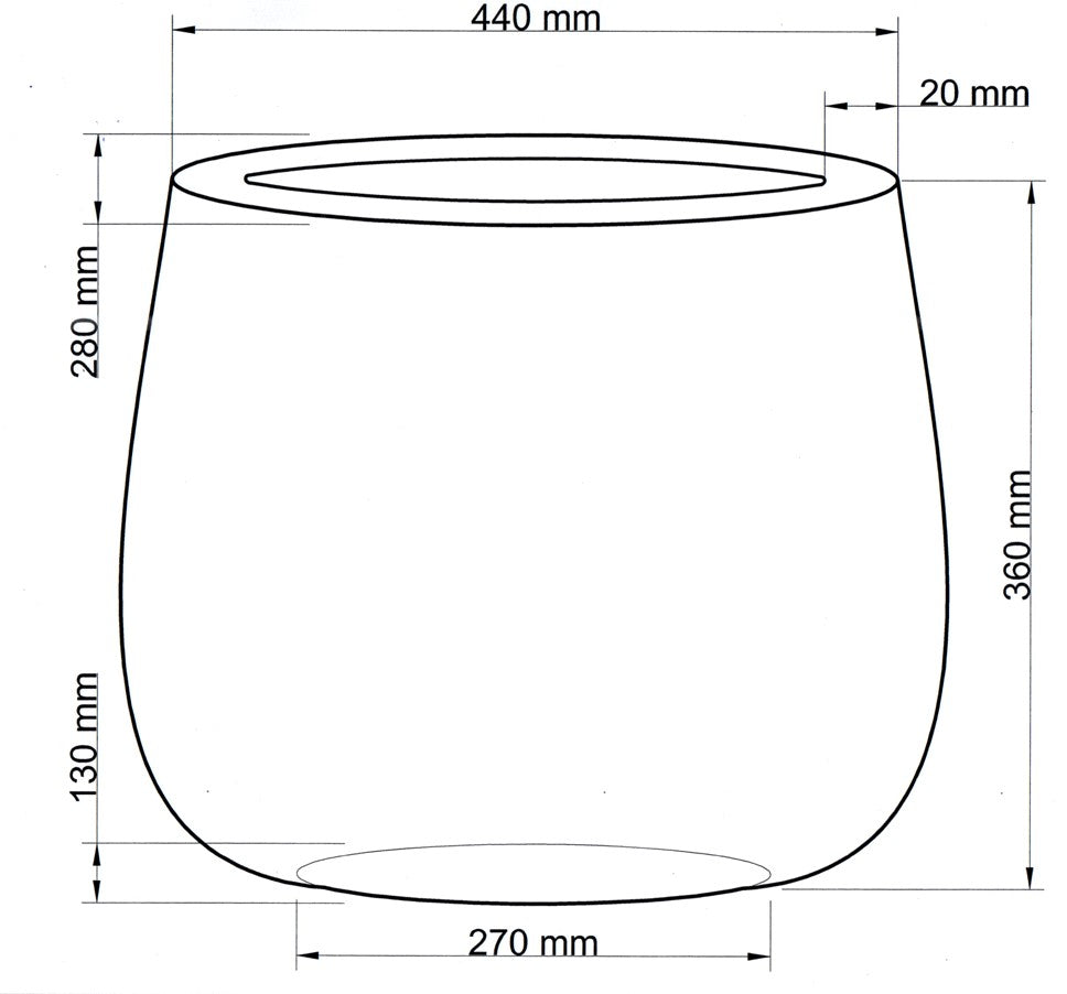 Maßzeichnung des ovalen Pflanzkübels mit 440 mm Breite, 280 mm Tiefe, 360 mm Höhe und 270 mm Bodenbreite