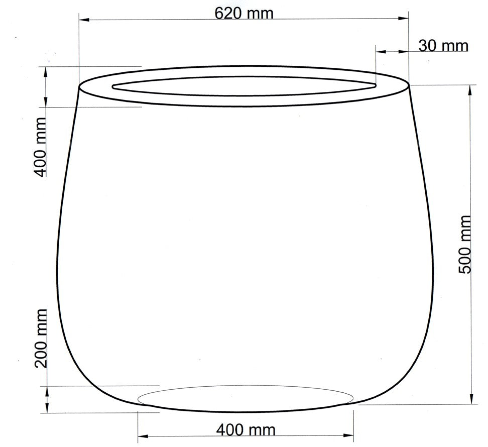 Maßzeichnung des ovalen Pflanzkübels mit 620 mm Breite, 400 mm Tiefe, 500 mm Höhe und 400 mm Bodenbreite