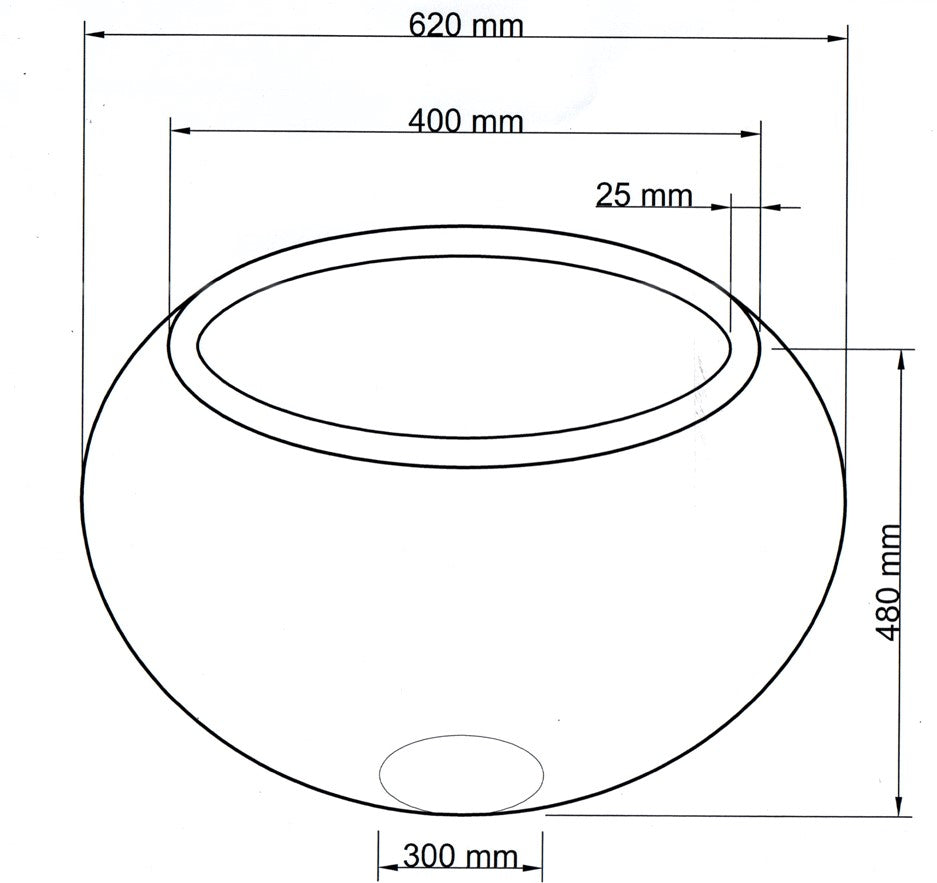 Maßzeichnung des Pflanzkübels Ball mit 620 mm Durchmesser, 480 mm Höhe, 400 mm Öffnung und 300 mm Boden