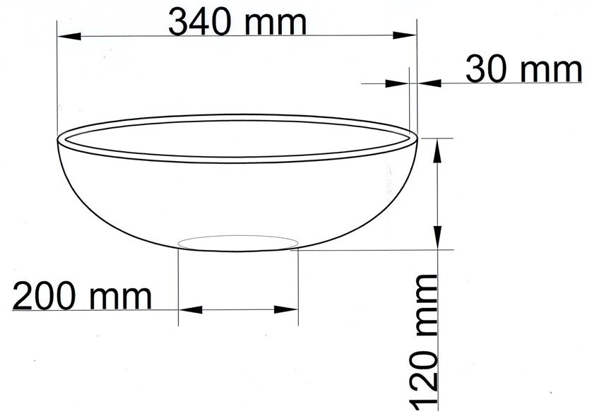 Maßzeichnung einer runden Pflanzschale mit 340 mm Durchmesser, 120 mm Höhe und 200 mm Bodendurchmesser