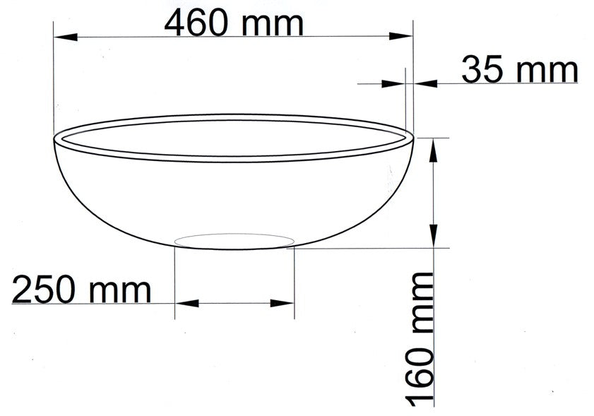 Maßzeichnung der runden Pflanzschale: 460 mm Durchmesser, 160 mm Höhe, 250 mm Boden und 35 mm Randbreite