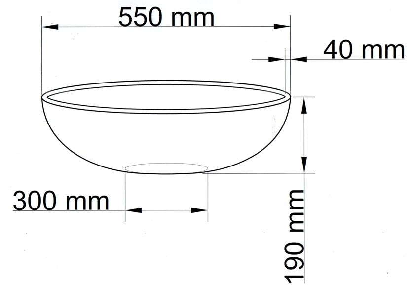 Maßzeichnung der runden Pflanzschale mit 550 mm Durchmesser, 190 mm Höhe, 300 mm Boden und 40 mm Rand