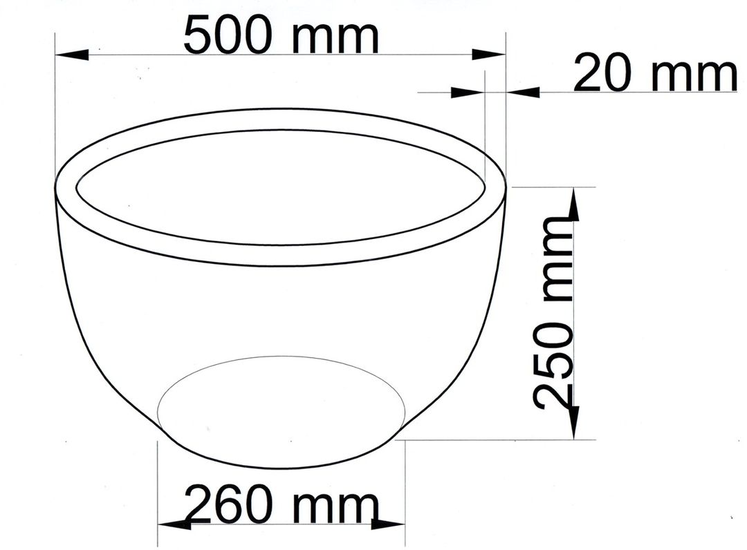 Maßzeichnung der runden Pflanzschale mit 500 mm Durchmesser, 250 mm Höhe und 260 mm Bodendurchmesser