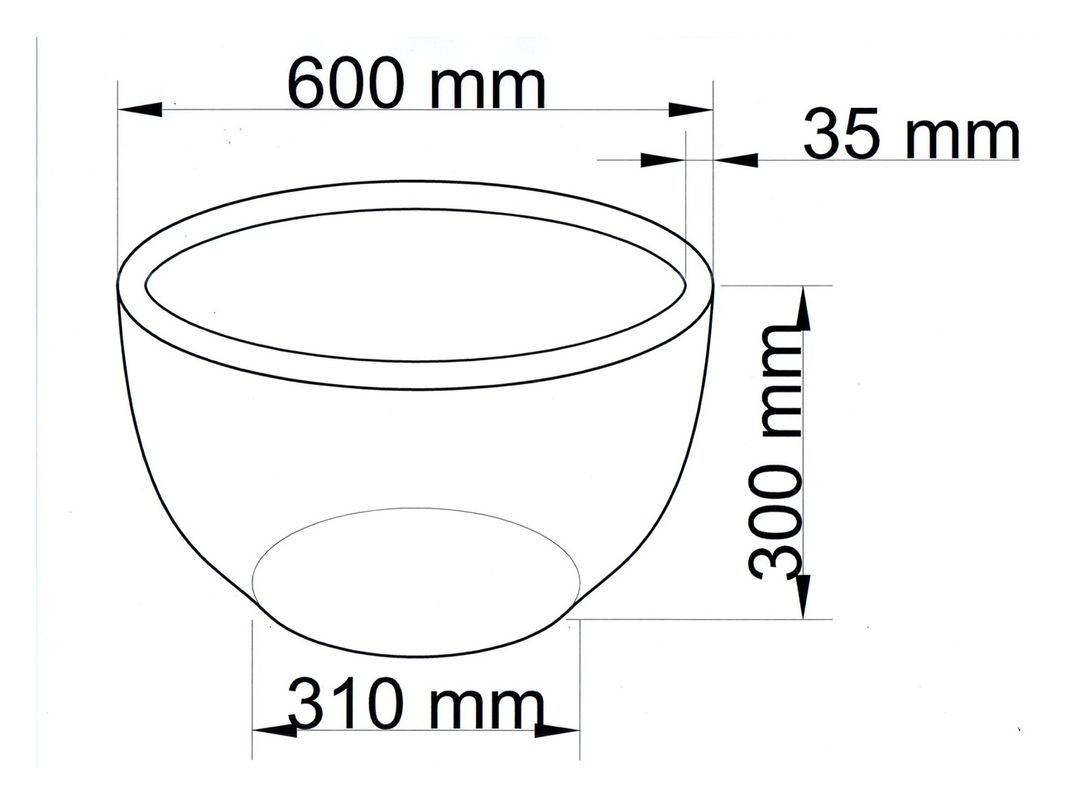 Maßzeichnung der runden Pflanzschale mit 600 mm Durchmesser, 300 mm Höhe, 310 mm Bodendurchmesser und 35 mm Rand