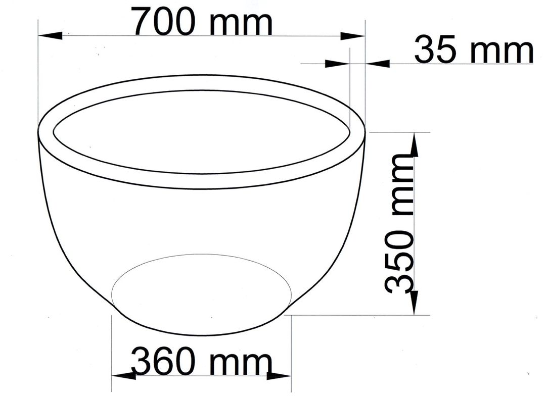 Maßzeichnung der runden Pflanzschale mit 700 mm Durchmesser, 350 mm Höhe und 360 mm Bodendurchmesser