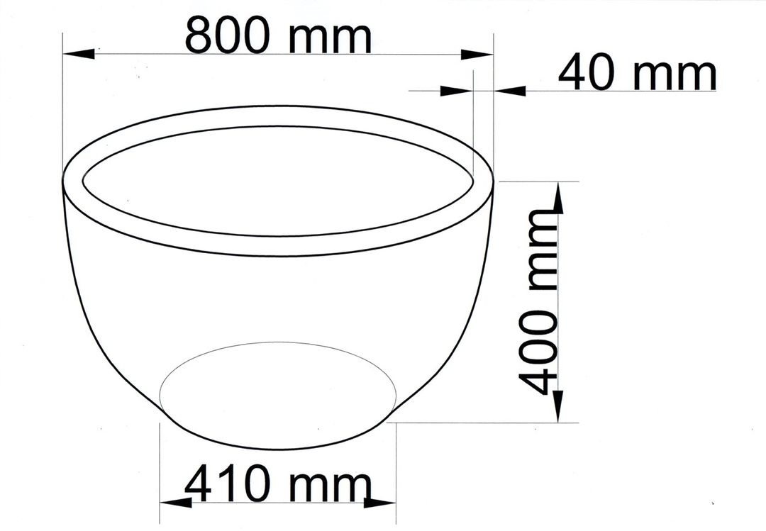 Maßzeichnung der runden Pflanzschale mit 800 mm Durchmesser, 400 mm Höhe, 410 mm Bodenmaß und 40 mm Rand