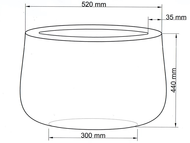 Maßzeichnung des runden Pflanzkübels mit 52 cm Durchmesser oben, 30 cm am Boden und 44 cm Höhe