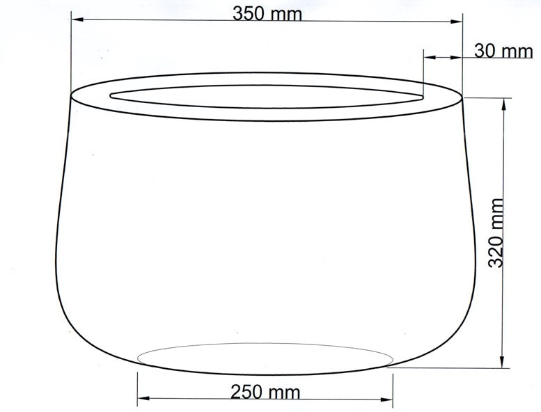Maßzeichnung des runden Pflanzkübels mit 350 mm Durchmesser, 320 mm Höhe, 30 mm Rand und 250 mm Bodendurchmesser