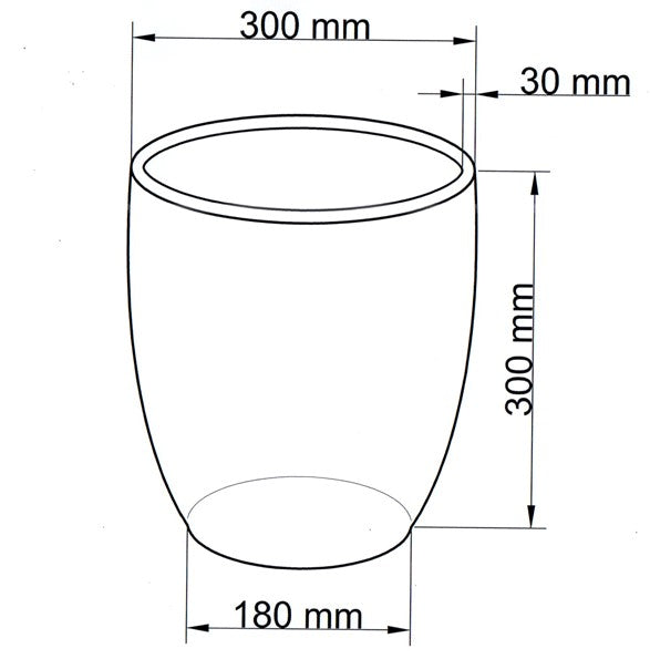 Maßzeichnung eines runden, nach unten verjüngten Pflanzkübels mit 300 mm Durchmesser, 300 mm Höhe und 180 mm Boden
