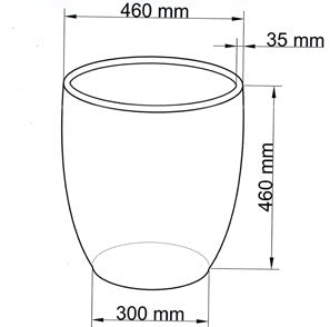 Maßzeichnung des runden, nach unten verjüngten Pflanzkübels mit 46 cm Durchmesser, 46 cm Höhe und 30 cm Boden