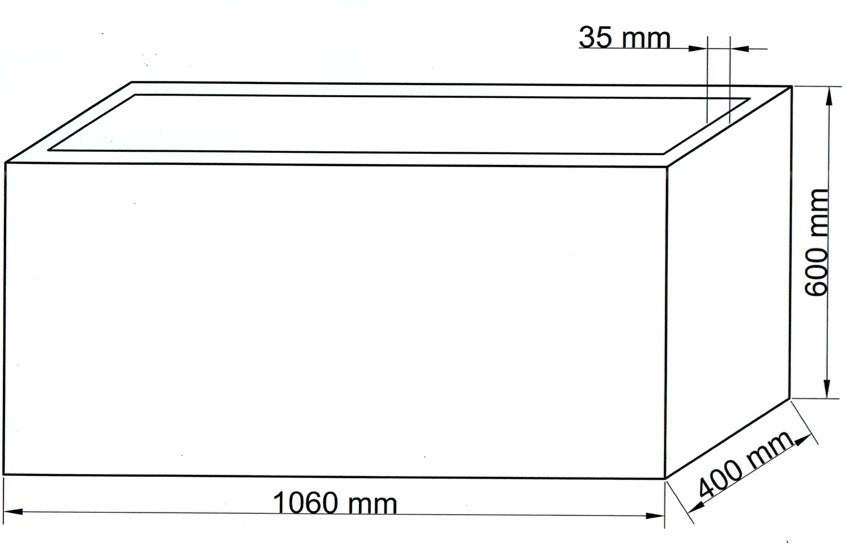 Maßzeichnung des rechteckigen Pflanzkübels aus Polyrattan mit 1060 mm Länge, 400 mm Tiefe und 600 mm Höhe