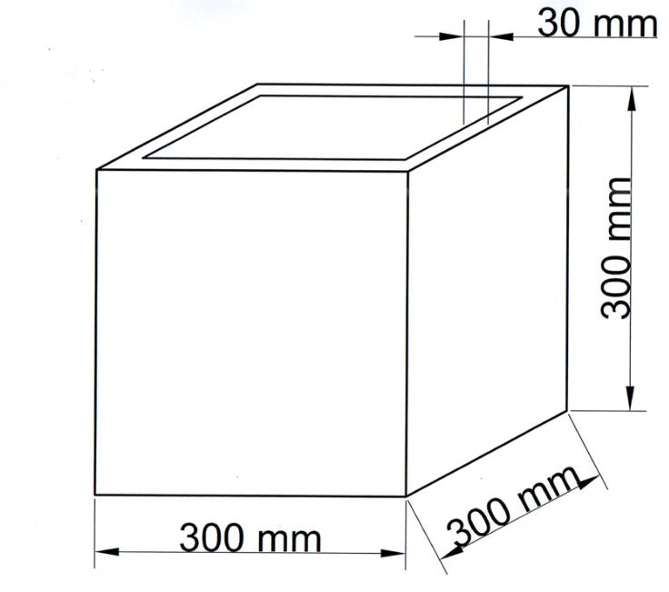 Maßzeichnung des quadratischen Pflanzkübels aus Polyrattan mit je 300 mm Breite, Tiefe und Höhe
