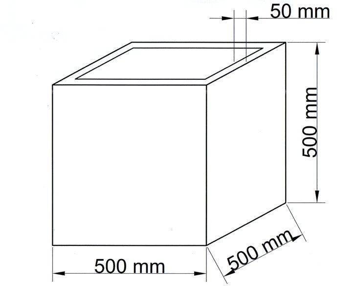 Maßzeichnung eines quadratischen Pflanzkübels mit Kantenlängen von 500 mm in Breite, Tiefe und Höhe