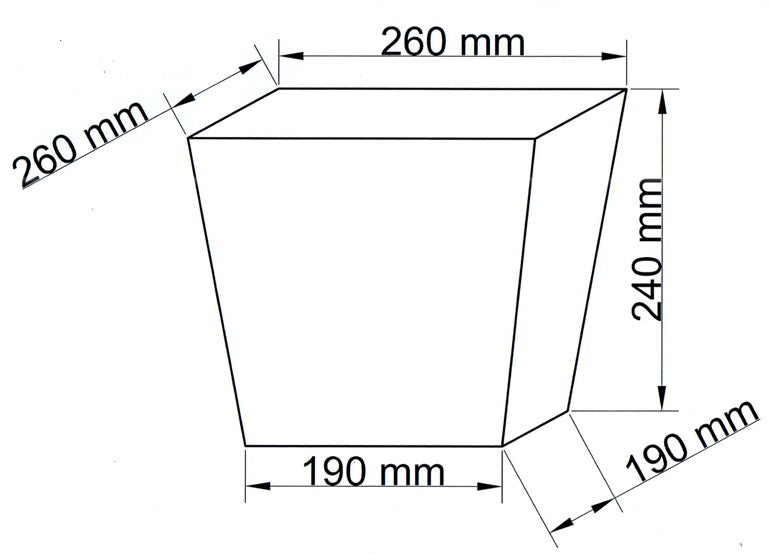 Maßzeichnung des quadratisch konischen Pflanzkübels mit 26 cm oben, 19 cm unten und 24 cm Höhe