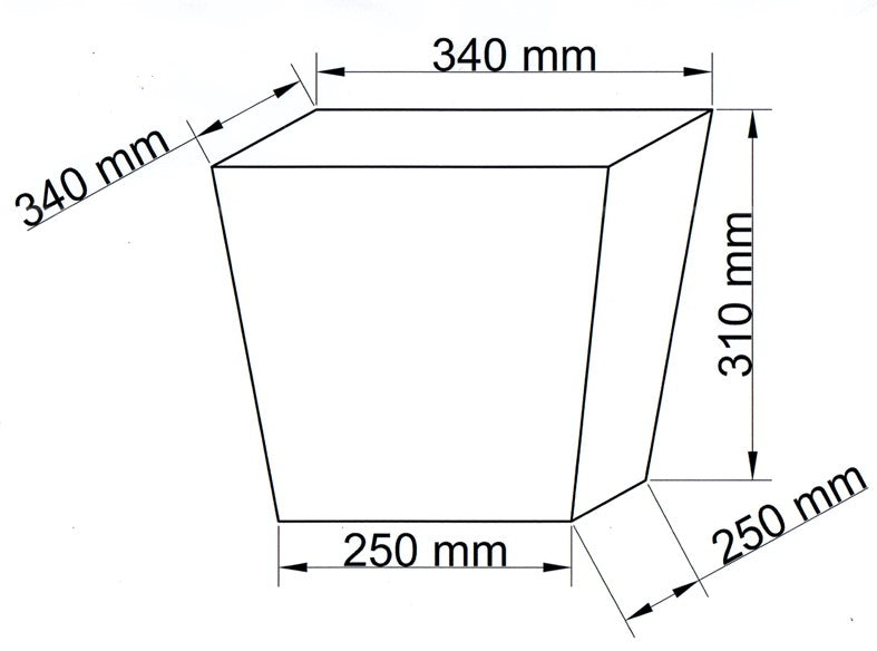 Maßzeichnung des quadratisch konischen Pflanzkübels, oben 34 x 34 cm, unten 25 x 25 cm und 31 cm hoch