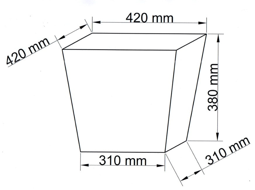 Maßzeichnung des quadratischen, konischen Pflanzkübels mit 42 x 42 cm oben, 31 x 31 cm unten und 38 cm Höhe