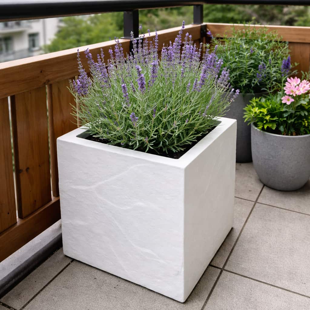 Weißer quadratischer Pflanzkübel aus Fiberglas in Stein-Optik mit Lavendel auf einem Balkon mit Holzgeländer