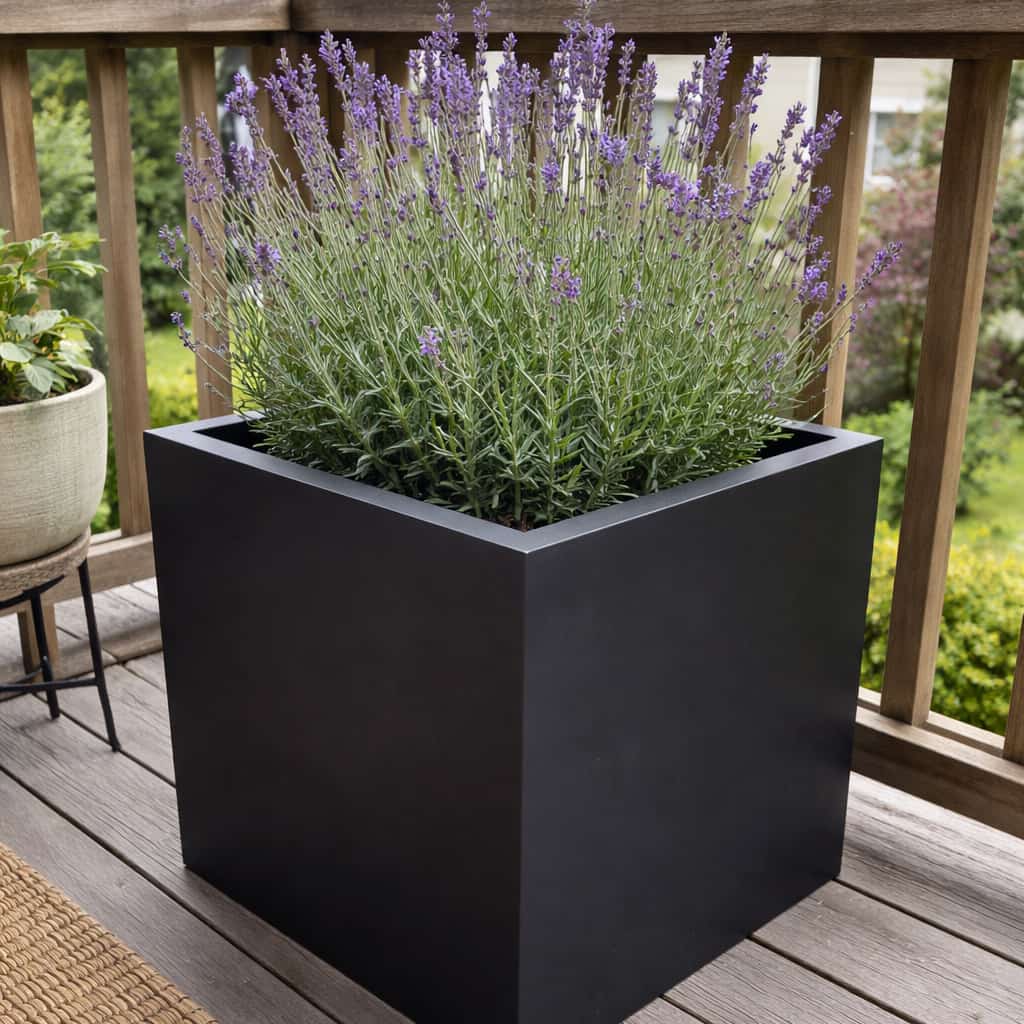 KI-erstellte Abbildung: Schwarz-matter quadratischer Pflanzkübel aus Fiberglas mit blühendem Lavendel auf einem Holzbalkon mit Geländer